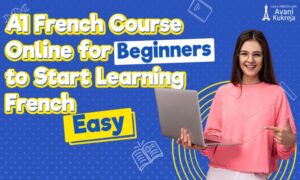 A1 French course online for beginners shown with a learner holding a laptop, promoting easy French learning.