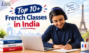 Student attending online French classes in India while studying with headphones and taking notes.