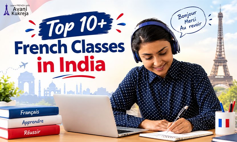 Student attending online French classes in India while studying with headphones and taking notes.