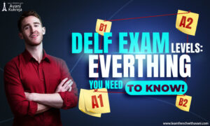 DELF exam levels A1, A2, B1, B2 illustrated with labels and a student standing beside the title ‘DELF Exam Levels: Everything You Need to Know