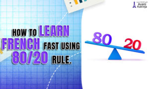 How to learn French fast using the 80/20 rule illustrated with a balance scale showing 80 and 20.