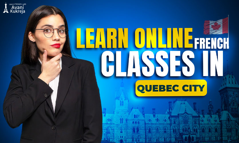 Professional woman promoting online French classes in Quebec City with a Canadian theme