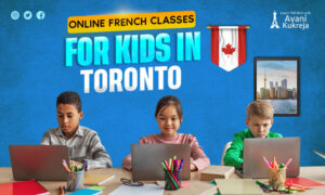 Online French classes for kids in Toronto learning on laptops in a virtual classroom setting