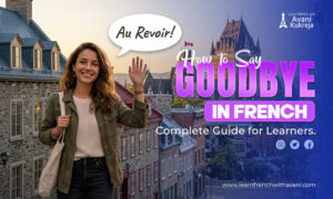 Woman waving goodbye with the phrase "Au revoir," showing how to say goodbye in French