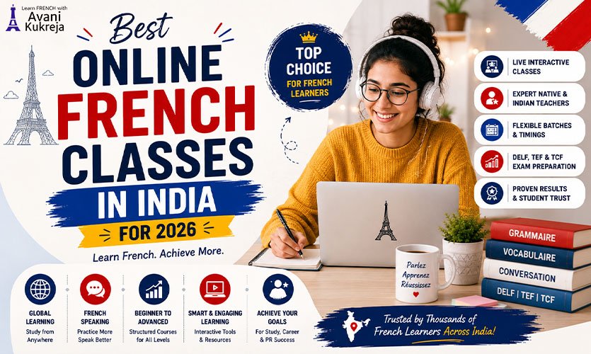Student attending an online French lesson with a laptop, headphones, French books, and interactive learning resources