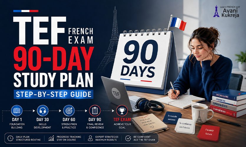 TEF French exam 90-day study plan with daily preparation schedule, practice strategy, and step-by-step guide for TEF Canada