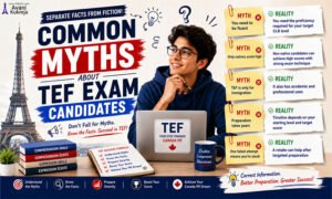 TEF exam candidate reviewing common myths and facts about French proficiency, native speakers, preparation time, and retakes