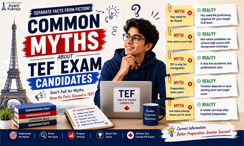 TEF exam candidate reviewing common myths and facts about French proficiency, native speakers, preparation time, and retakes