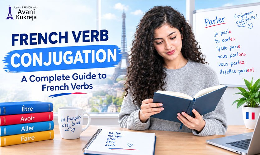 French learner studying verb forms with être, avoir, aller and faire