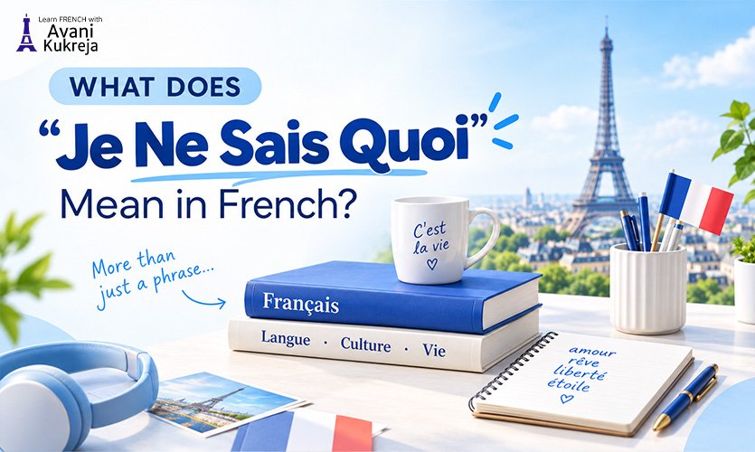 French language books, Eiffel Tower, French flags, and notebook illustrating the meaning of Je Ne Sais Quoi