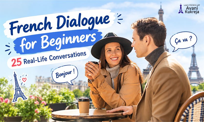 French dialogues for beginners featuring two people practicing simple everyday conversations in French